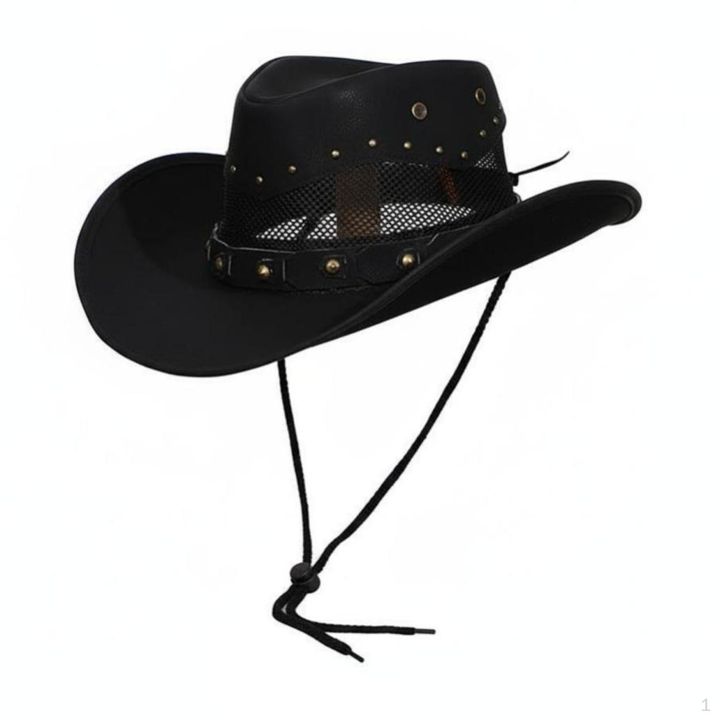 Sun Hat, Vintage Leather Wide Brim, Protection, Beach, Hiking 5658cm Diamond Black