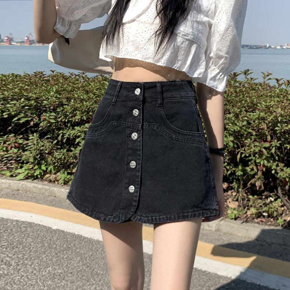 Women s High Waist Button Front Skort Loose A Line Denim Skort Vintage Washed Casual Mini Skort S