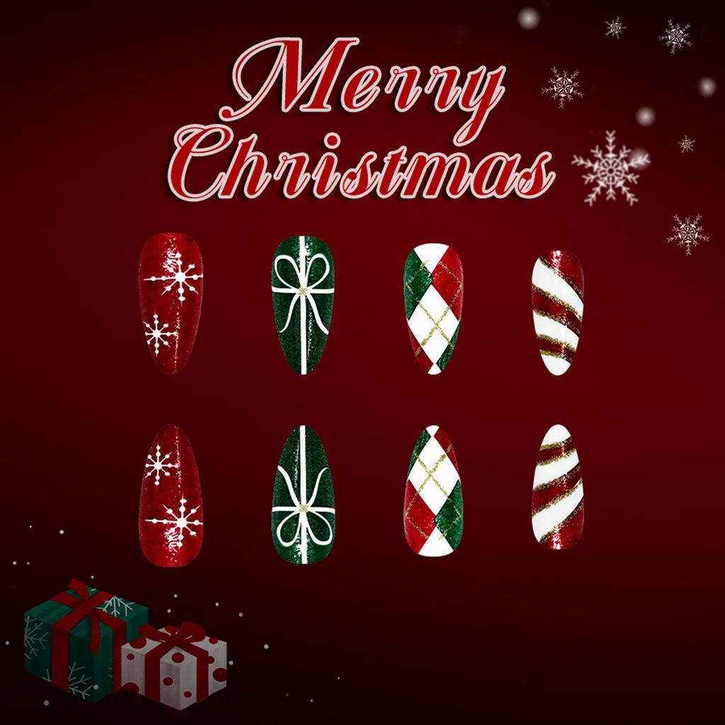 24Pieces Holiday Fake Nail Green Plaids Glitters Snowflakes Festive Santa Pattern Quick Application Press On Nail
