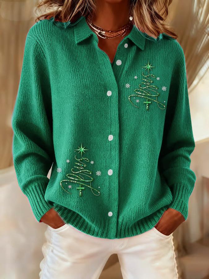 2025 Women's 3D Print Knit Lapel Cardigan - European & American Christmas Top for Autumn/Winter