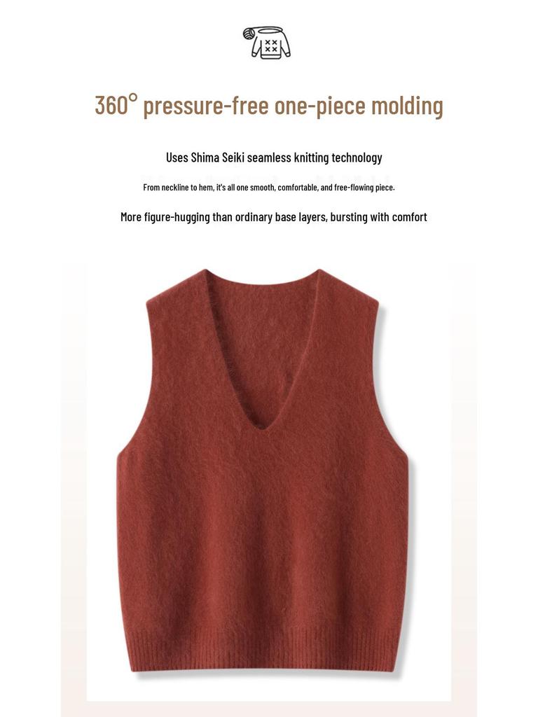 Jesień/Zima 2025 Damska dzianinowa kamizelka bez rękawów z dekoltem w serek z mieszanki wełny