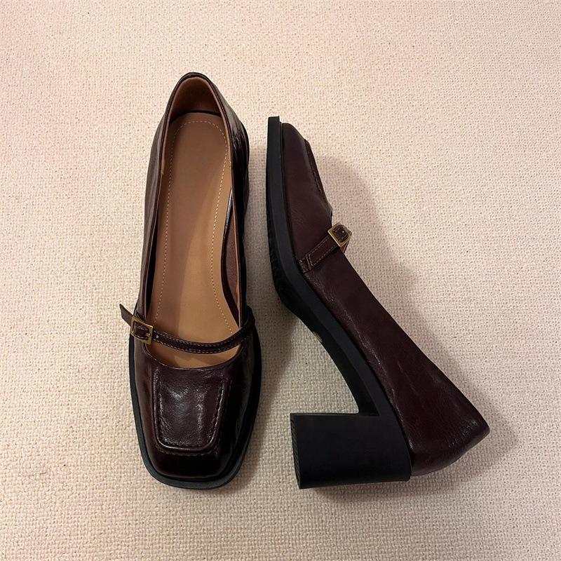 

Fashion IPPEUM Mary Janes Shoes Women Leather Black Pumps Heels Square Toe Lolita High Heels 225 коричневый