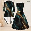 Women Plus Size Two Piece Set Printed Sleeveless Tie Waist Flared Dress And 3 4 Sleeve Open Cardigan