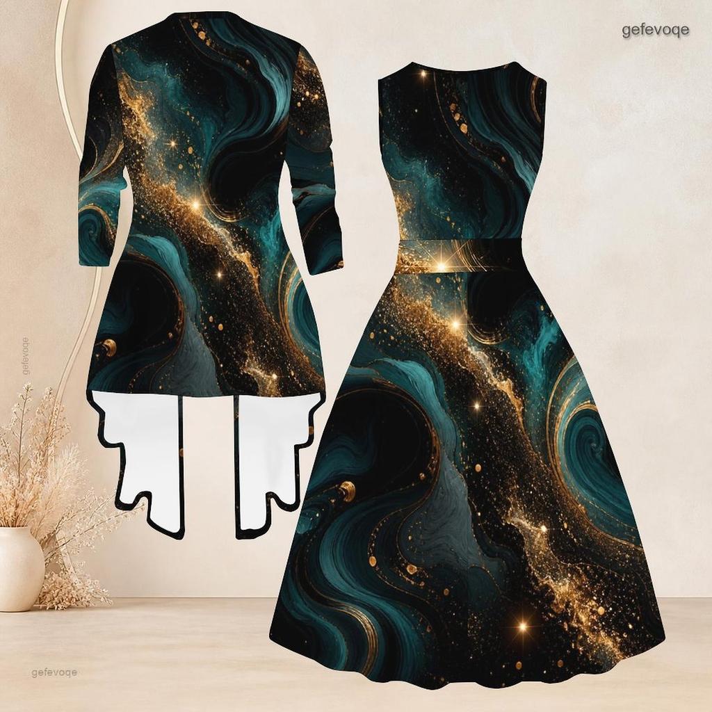 Women Plus Size Two Piece Set Printed Sleeveless Tie Waist Flared Dress And 3 4 Sleeve Open Cardigan