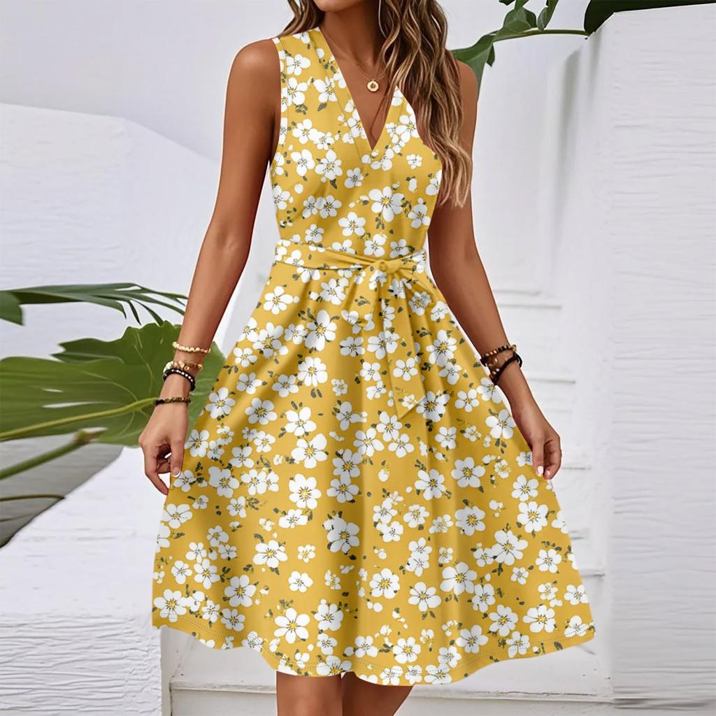 Women's Spring And Summer Casual V-Neck Sleeveless Waist Floral Print Midi Dress
