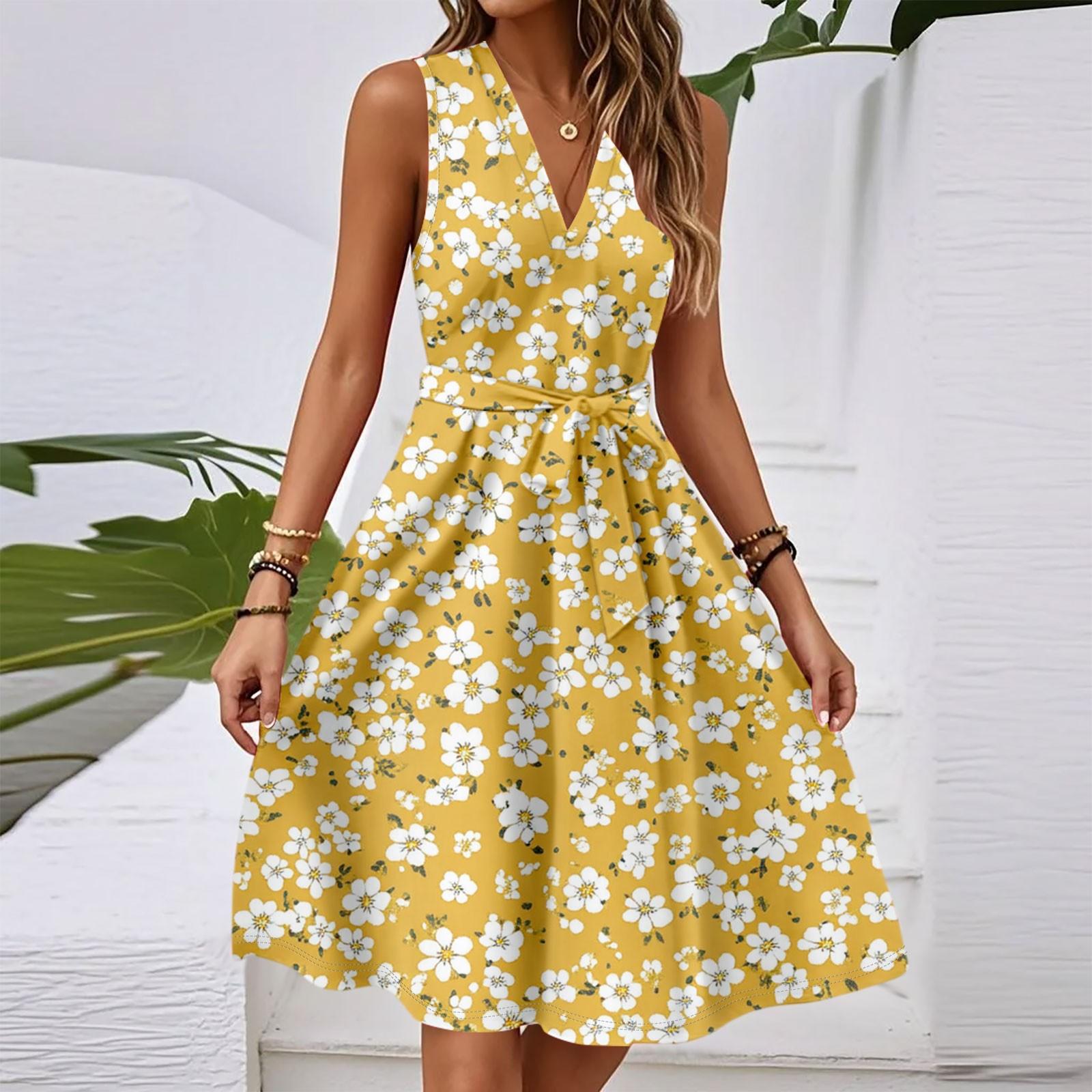Women s Sleeveless Floral V-Neck Summer Dress Elegant A-Line Midi Dress for Casual & Party Occasions S жёлтый