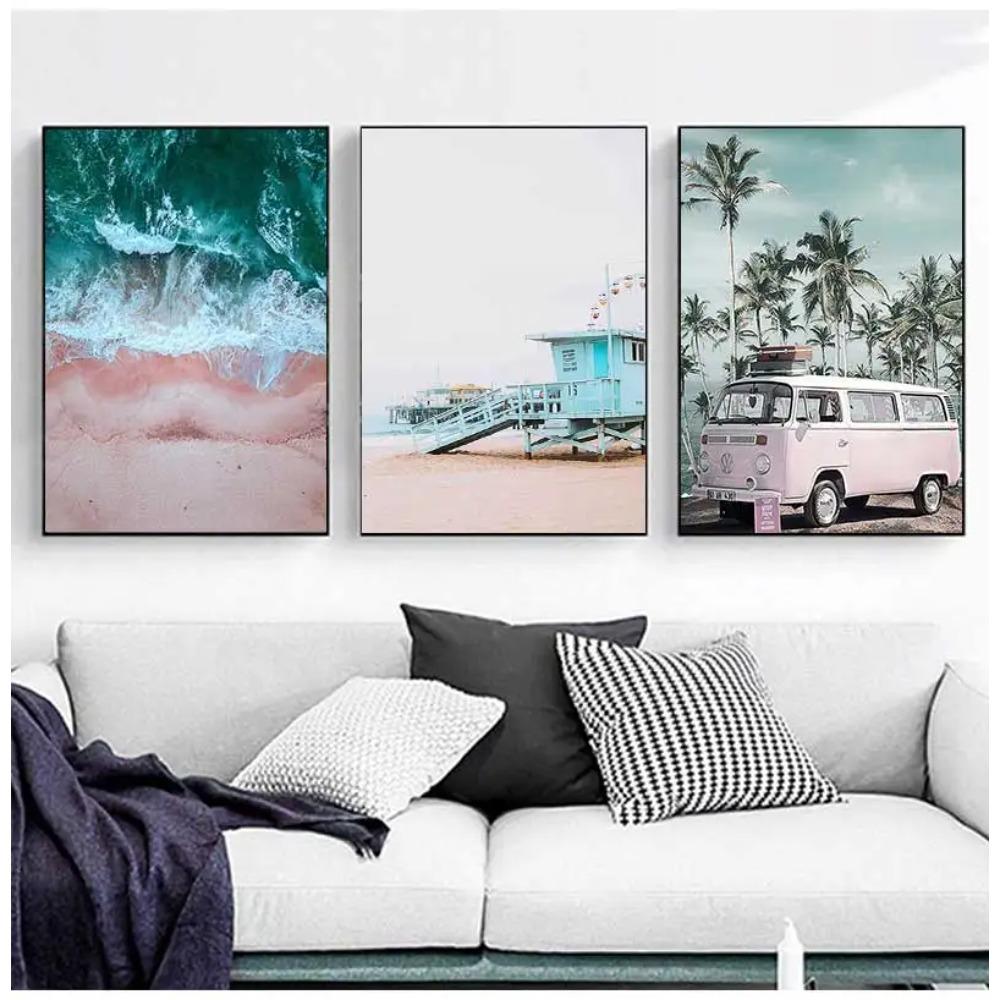 Dekorationsbild, skandinavisches Heimdekor, Ozeanlandschaft, Leinwand, nordischer Stil, Strand, rosa Bus, Wandkunstdruck, Gemälde