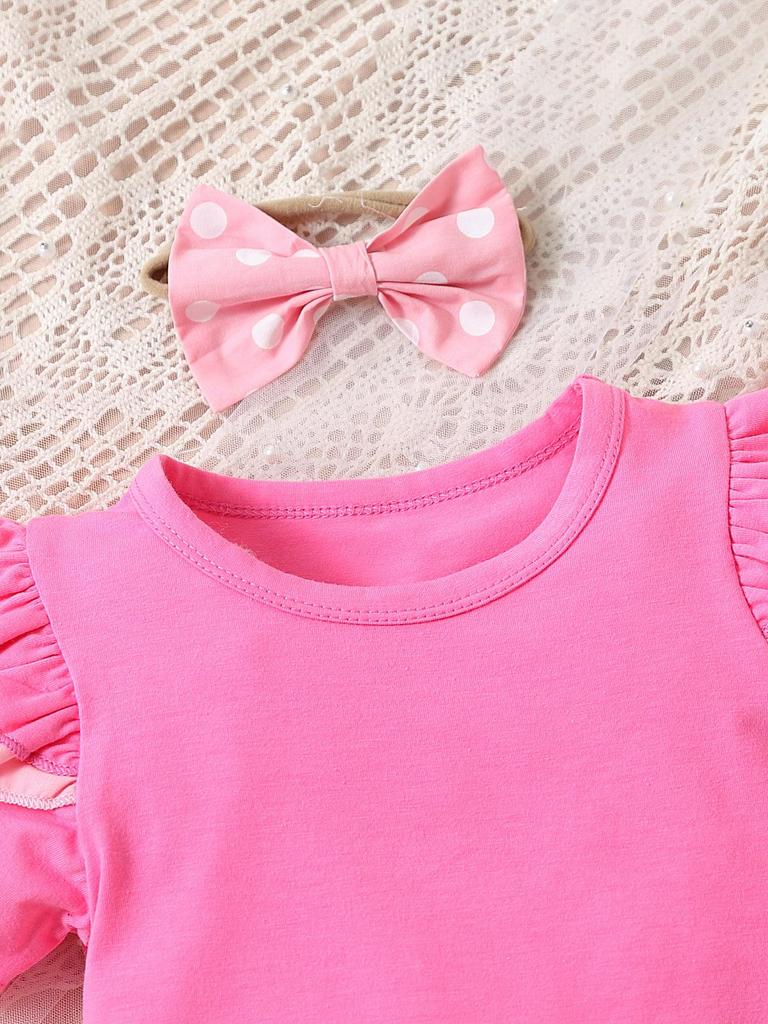 INS Girls' Three-Piece Set: Pink Puff Sleeve Top, Polka Dot Suspender Skirt, and Headband