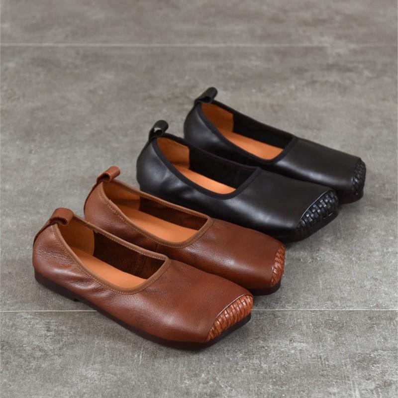 Johnature Retro Flache Schuhe mit weicher Sohle Eckige Spitze Echtes Leder Vielseitige Damen Slipper