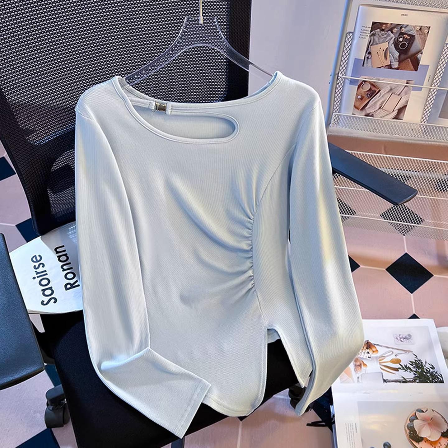 Asymmetrical Shoulder Cutout Long Sleeve Women s Top - Spring/Autumn Stylish Layered Design One Size (40-72kg) небесно-голубой