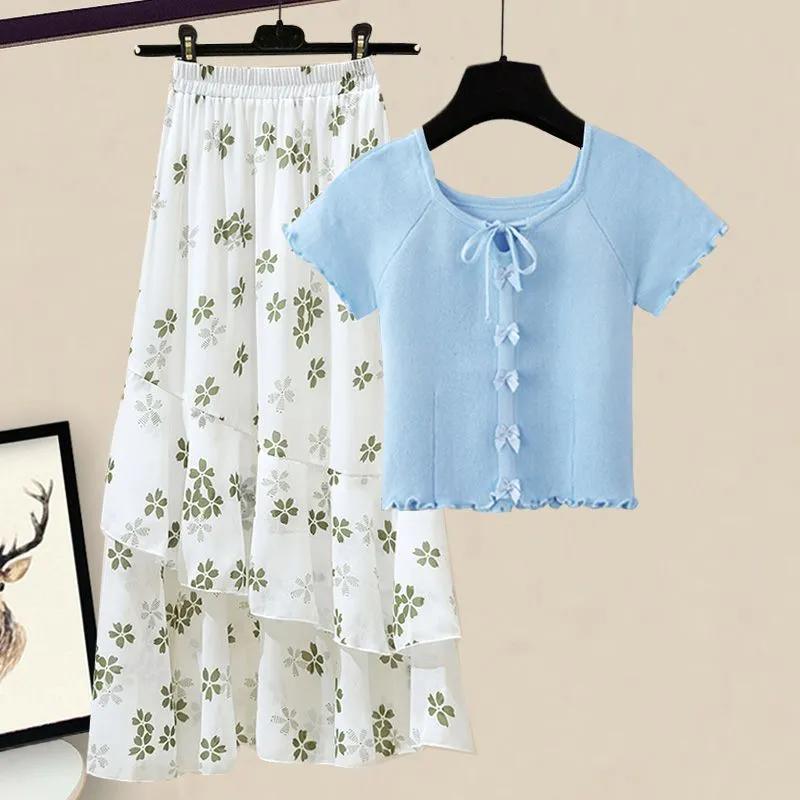 Women's Summer Fresh Ageing Set Waisted Floral Top + Half-body Skirt Two-piece Set