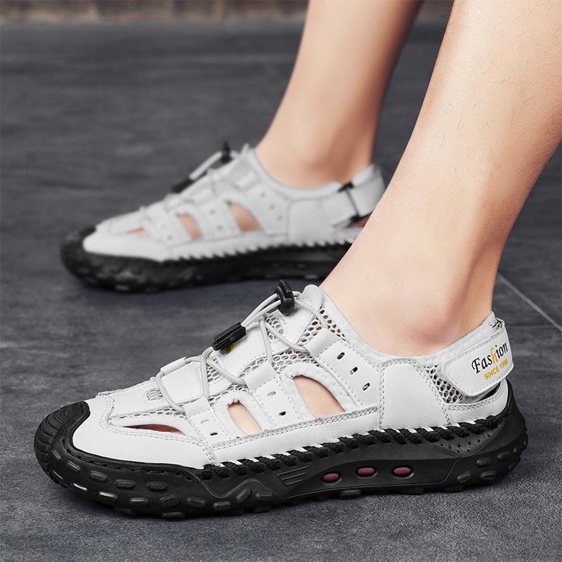 

Мужские кожаные сандалии с закрытым носком, сандалии рыбака, удобная обувь для пеших прогулок, летняя пляжная обувь для мужчин, большой размер 46, коричневый 38 белый