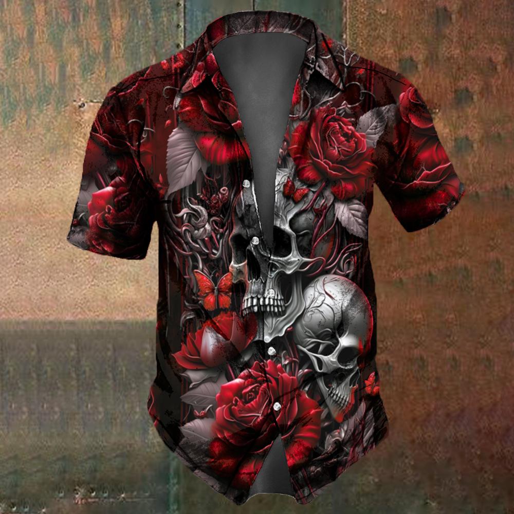 Camicia da uomo con stampa teschio e fiori Moda estiva Teschio horror retrò Street Hip-Hop Tendenza Top Camicia da uomo T-shirt oversize