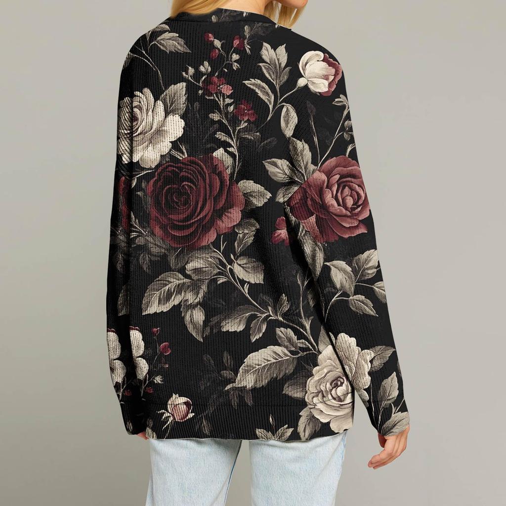 Women's Fashion Long Sleeve Print V-Neck Button Loose Cardigan Top