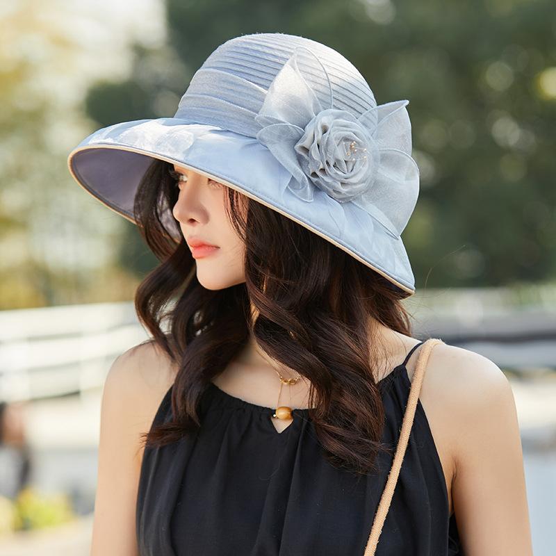Summer travel visor breathable bucket hat summer ladies foldable sunscreen basin hat organza big flower elegant