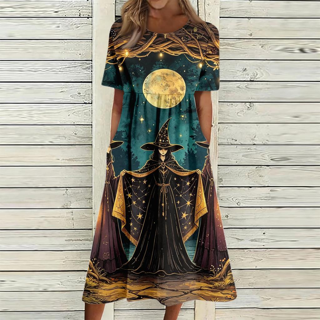 Women's Casual Halloween Print Round Neck Dress with Pockets for Festive Occasions