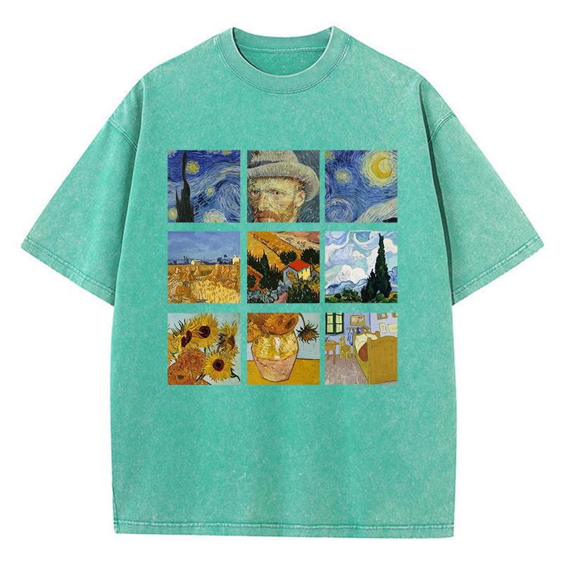 Cotton Women Washed T-Shirts Van Gogh'S Starry Night And Sun