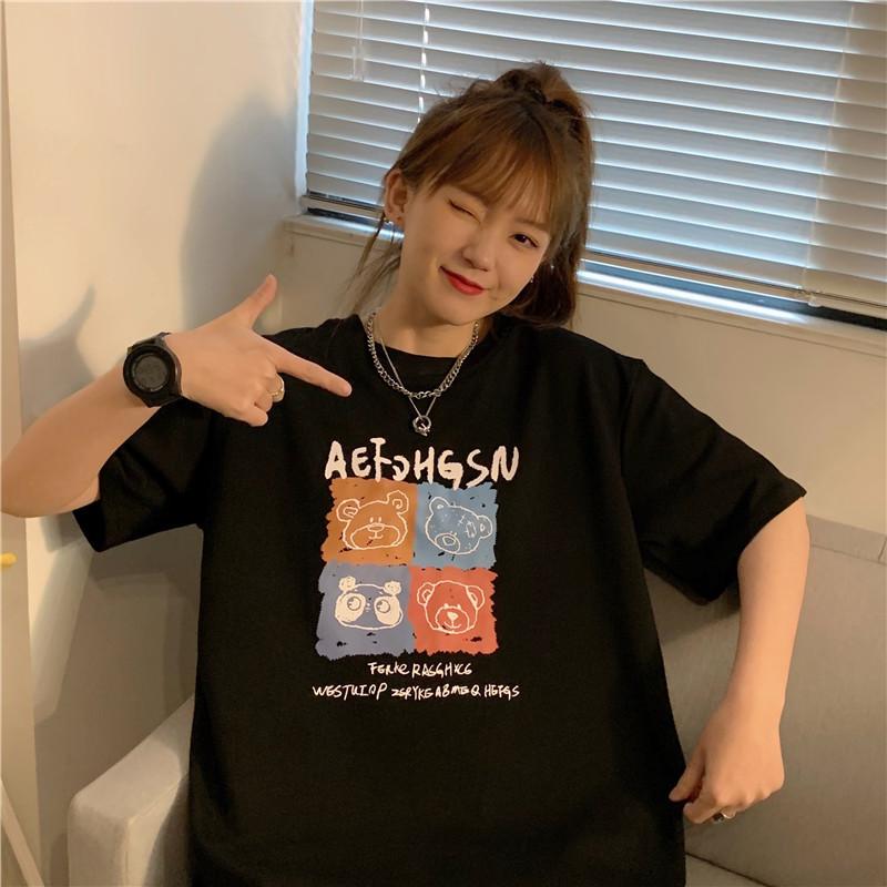 White clothes new female Korean version loose and thin cartoon printed short-sleeved bottoming shirt with T-shirt ins tide M чёрный