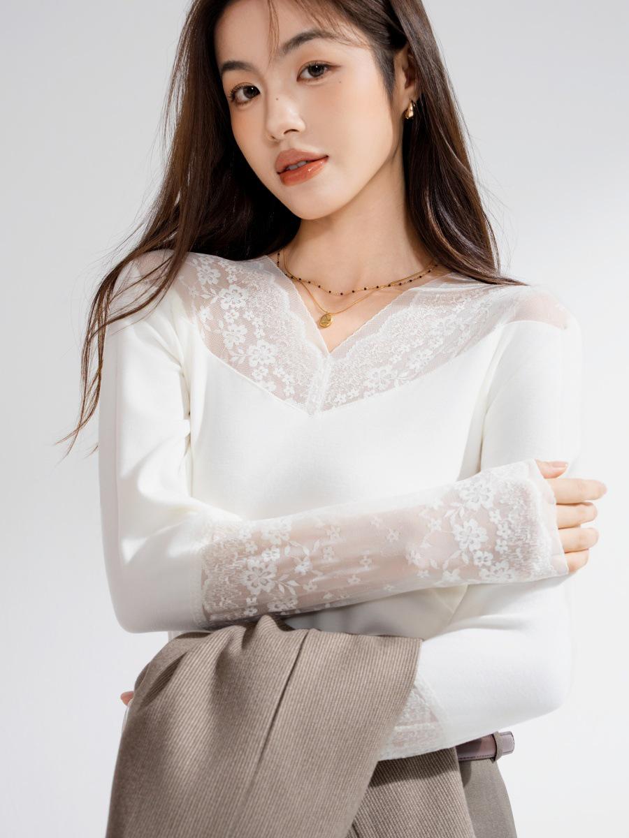 

Women s Semi-High Neck Lace Mesh Long Sleeve Fleece Top for Autumn/Winter One Size 45-70kg