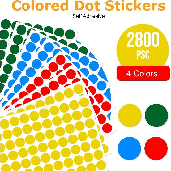 HUKONHEP 2800 PCS Dot Stickers, 3/4 Inch Round Colored Dot Stickers Labels - 4 Assorted Colors, for Office, School, Moving, Home(Red, Blue, Yellow,