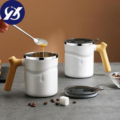510ml Coffee Mug Large Capacity Anti-scalding Leakproof Wooden Handle with Cover Heat Preservation Stainless Steel