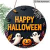 2D Flat, 1pc Decorative Plaques and Ornaments Sign, Round Distressed Aluminum Happy Halloween Cute Ghost Hanging Plaque, Pumpkin Bat Web Farmhouse
