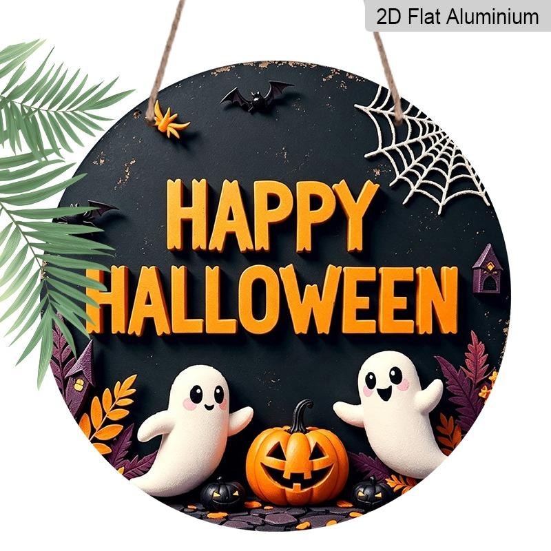 2D Flat, 1pc Decorative Plaques and Ornaments Sign, Round Distressed Aluminum Happy Halloween Cute Ghost Hanging Plaque, Pumpkin Bat Web Farmhouse