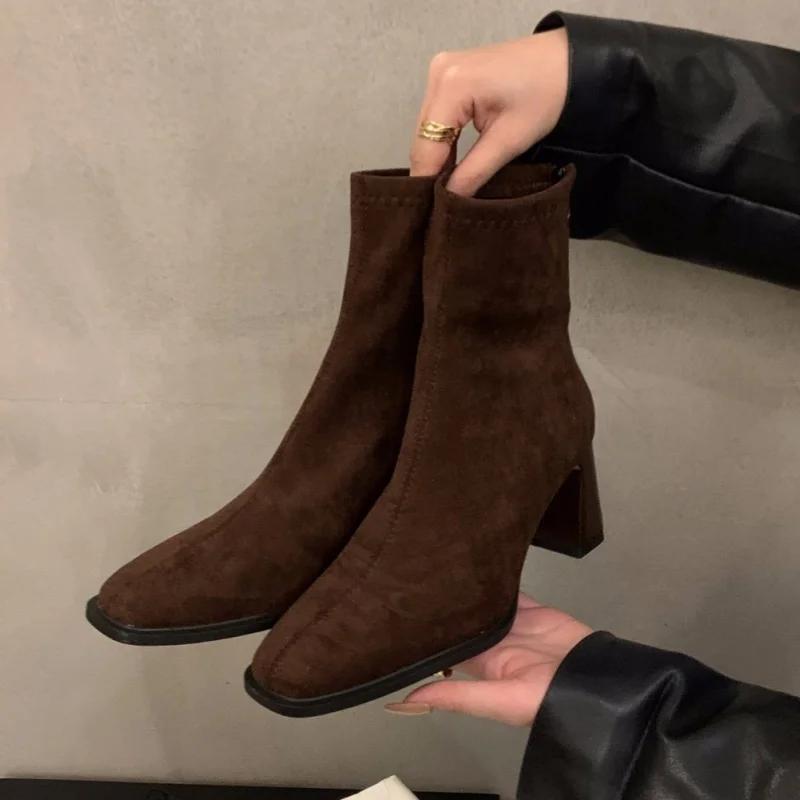 Bocanci de iarnă la modă, noi, cu vârf pătrat, sexy, din piele de căprioară, casual, de lucru, confortabili, cu fermoar, eleganți, cu toc înalt, pentru femei