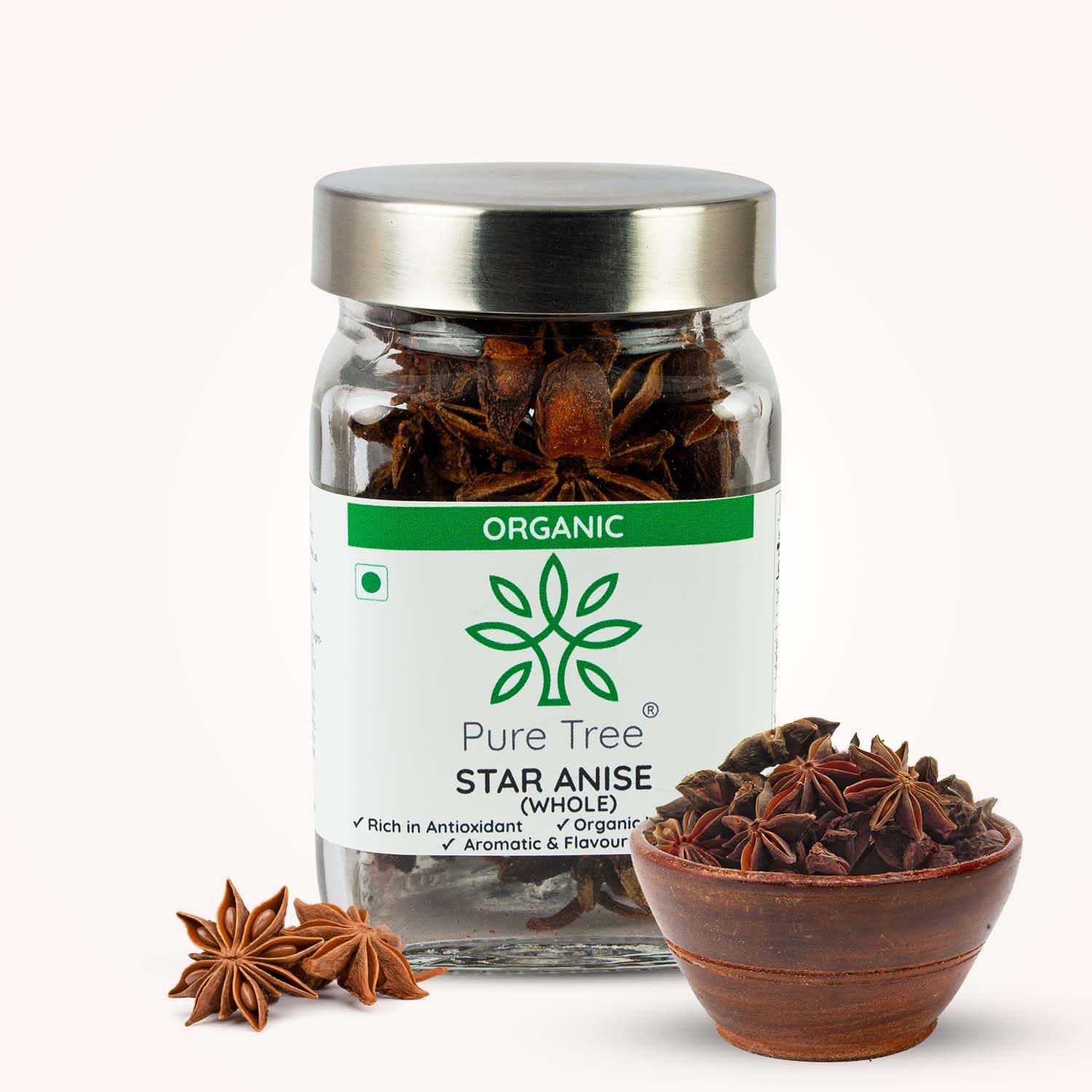 Pure Tree Certified Organic Star Anise Whole | 50 g | Glass Jar | Chakri Phool, Badian Spice | Aromatic Khada Masala for Cooking, Baking, Chai, H