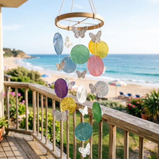 Wind Chime for Outside Ocean Theme Hanging Butterfly Windchime with Round Shells for Patio Garden Decor Gifts for Women Mom Wife