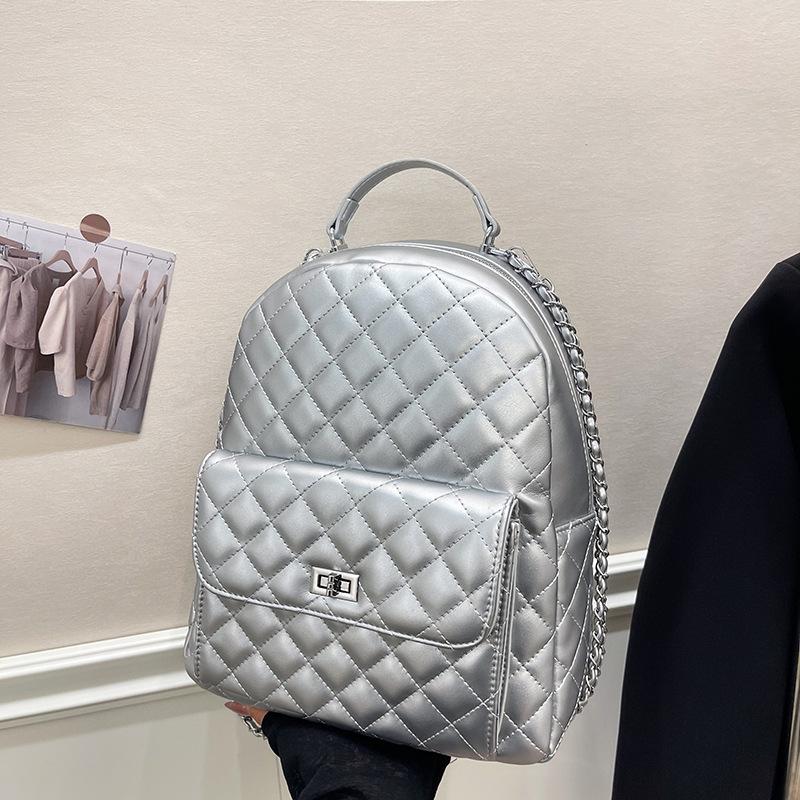 Spring and summer new women's bag outdoor travel backpack rhombus embroidery thread versatile simple chain bag