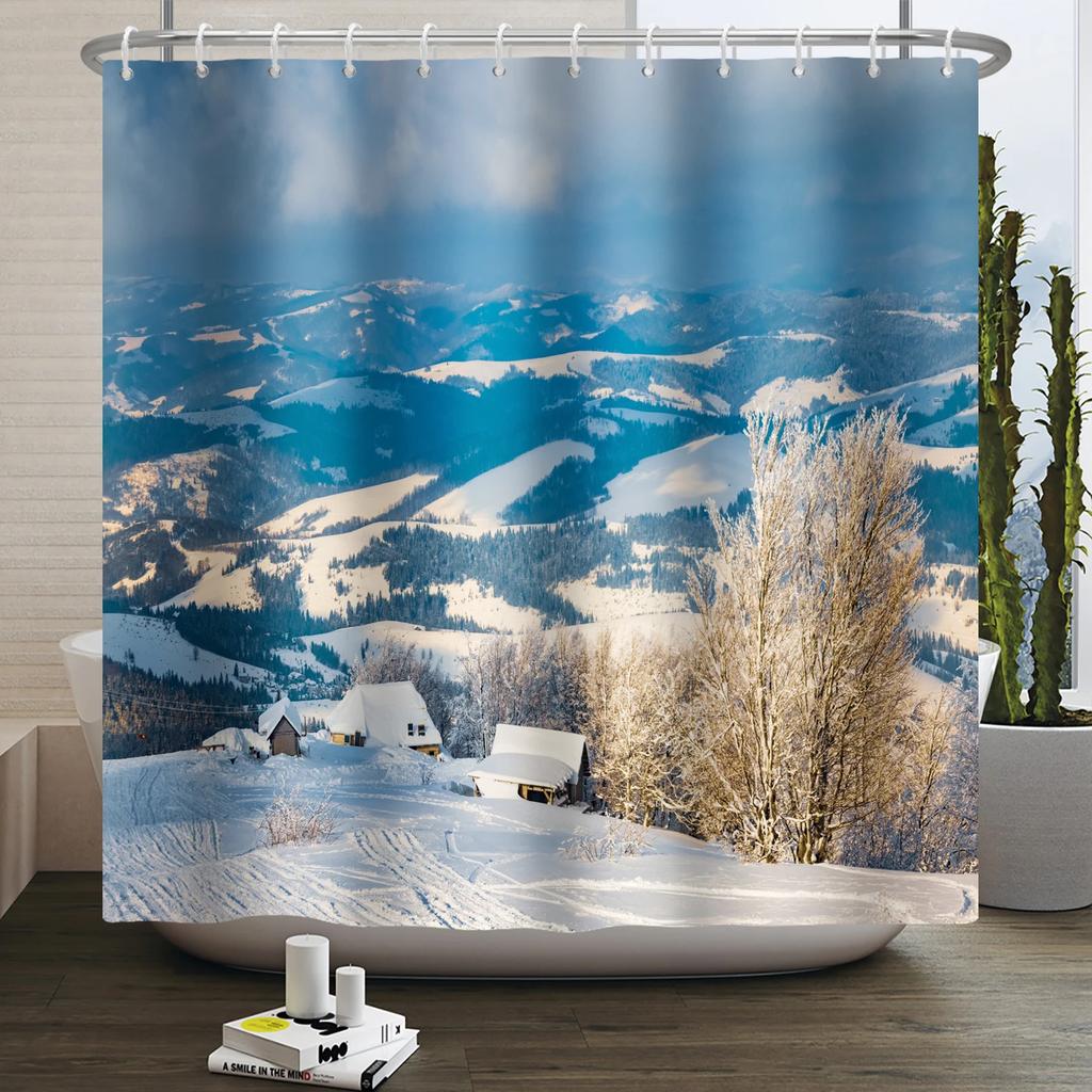 Christmas Shower Curtain Xmas Tree Winter Forest Snow Cute Snowman Bathroom Shower Curtain Waterproof Bath Curtain With Hook