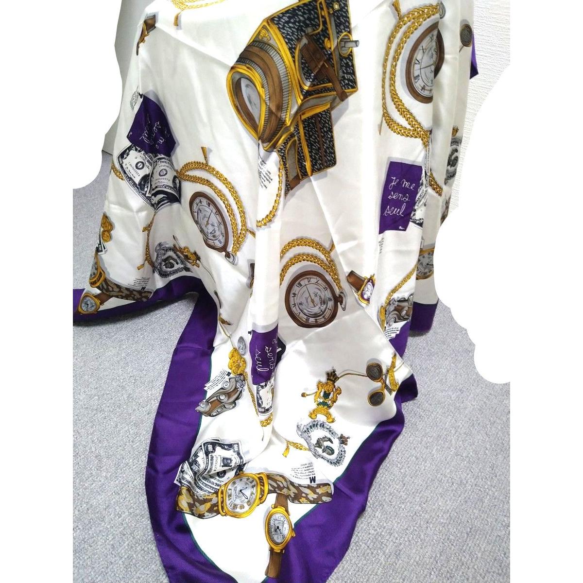 Used HERMES Carre 90 Large Silk Scarf Clock Pattern Chain Pattern White x Purple