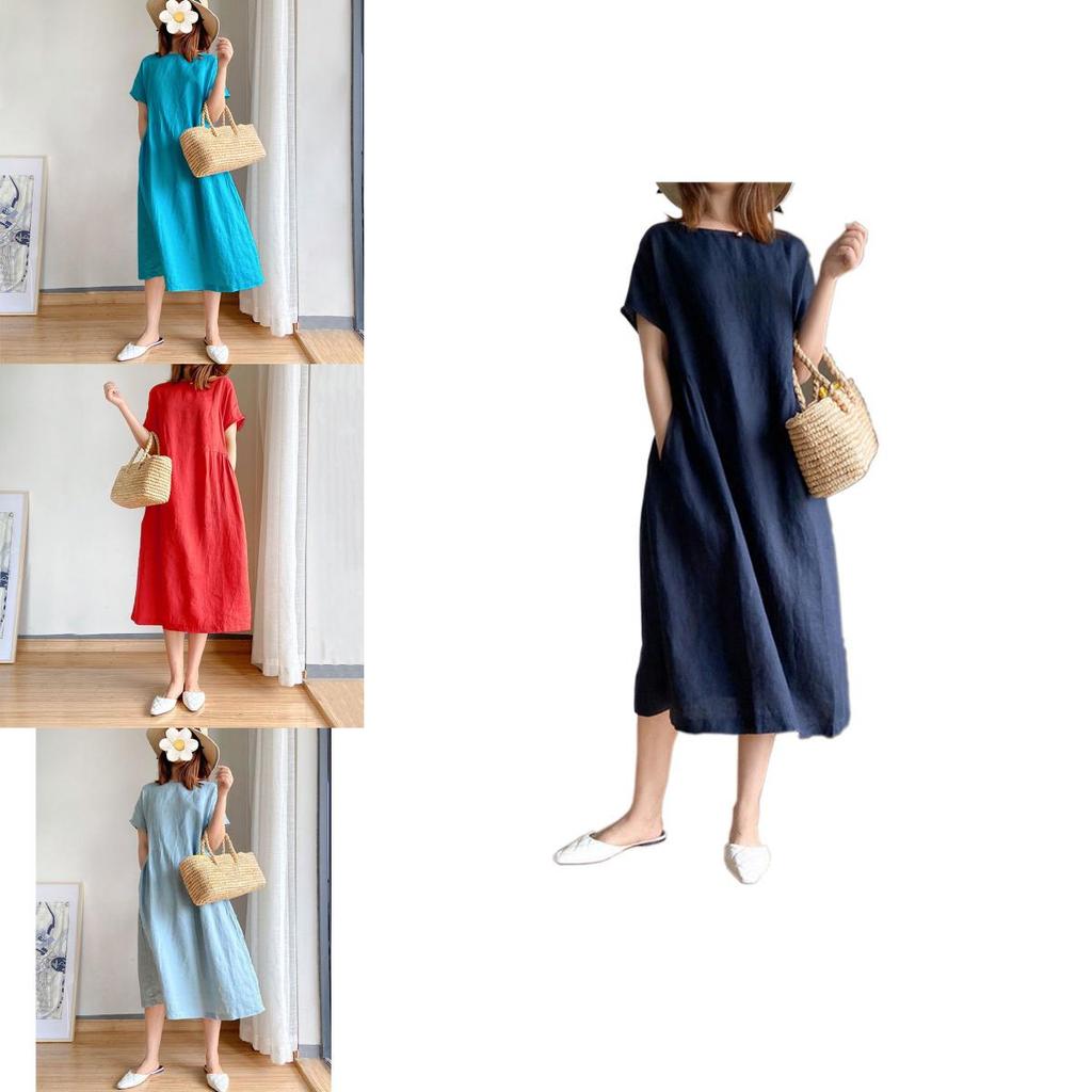 Luxurious Cotton Loose And Thin Dress For Women With Short Sleeves And Round Neck