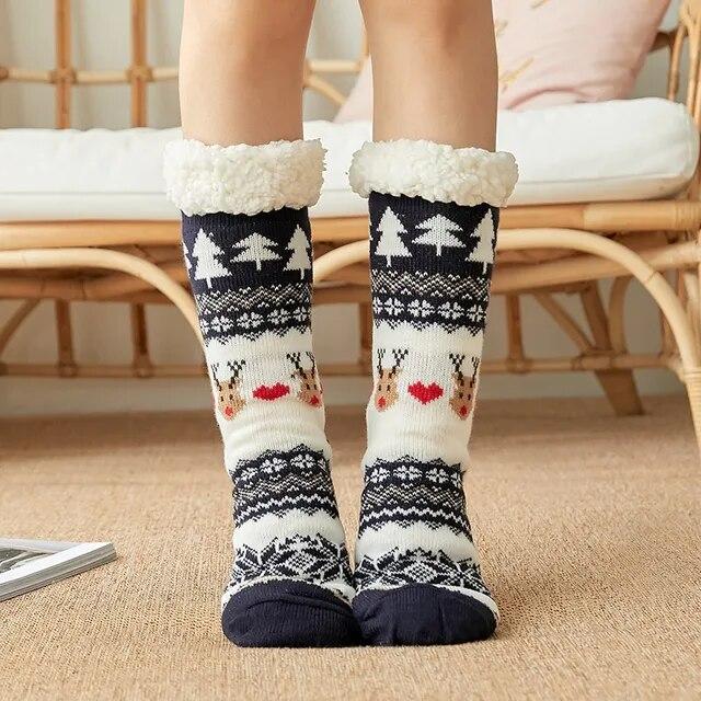 Winter Warm Socks Women Plush Soft Female Non Grip Floor Slippers Short Sock Fuzzy Fluffy Deer Elk Bear Christmas Gift