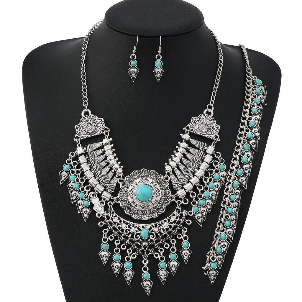 Tibetan Ethnic Tassel Jewelry Set: Necklace, Earrings, Bracelet & Sweater Chain