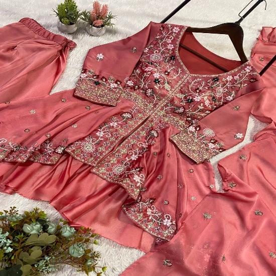 Vibrant Flora Embroidered Peplum & Sharara Suit Set