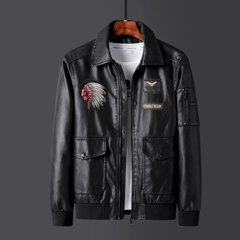 Men's Plus Size Embroidered Leather Baseball Jacket with Velvet, Trendy Spring & Autumn Outerwear.