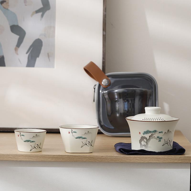 Ru Kiln Cover Bowl Two Cups Travel Tea Set Chinese Simple Portable Storage Bag Kuaike Cup Camping Tea Set