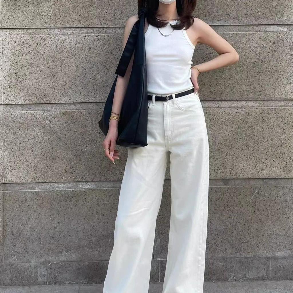 White Drapey Loose Fit Women's Jeans - New 2026 Korean Style, Straight Wide Leg, Thin Spring/Summer.