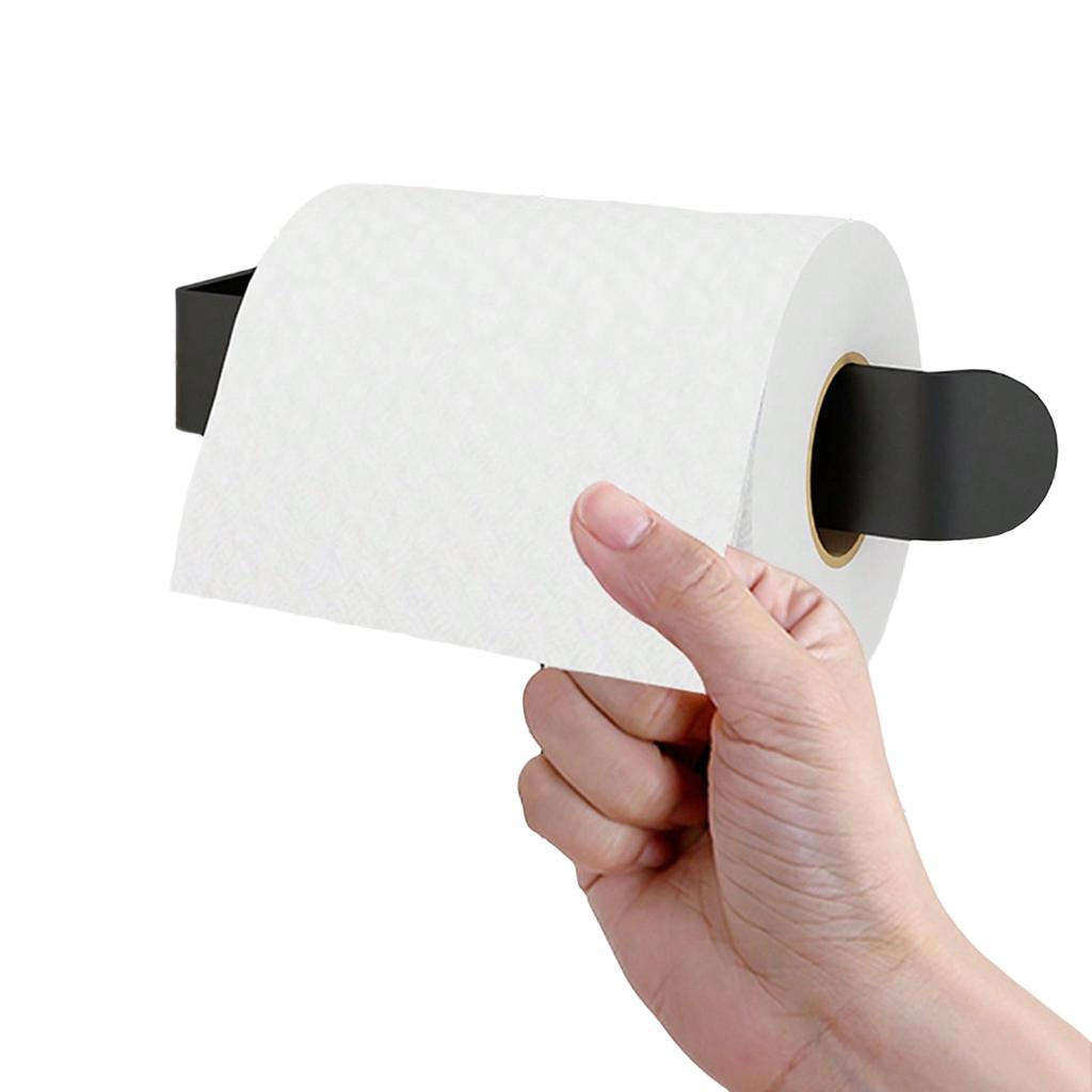 Black Wall-Mounted Toilet Holder with Adhesive Pocket, No-Drill Bathroom Tissue Rack for Towel Storage