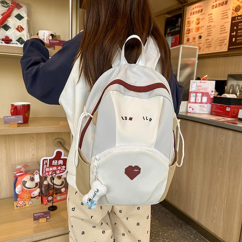 Backpack Casual Nylon With Letter Print Design And Heart Pattern School For