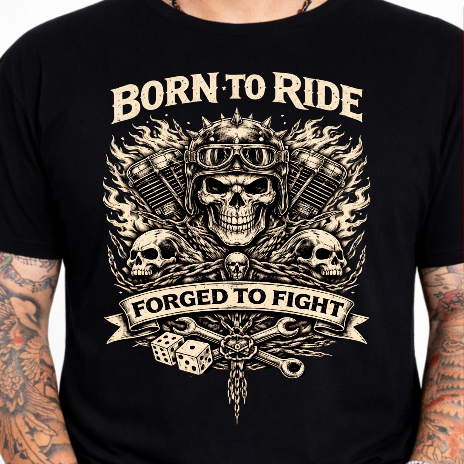 Born to Ride Forged to Fight Skull Biker T-Shirt Engine Motorcycle Graphic Tee. M