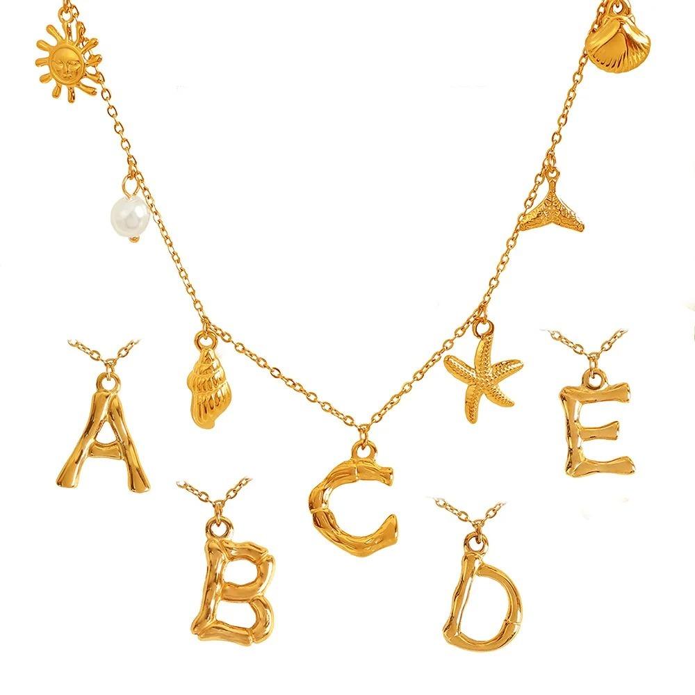 Gold Color Shell Necklace Copper Pearl Choker Simple Letter Pendant Necklace  Women