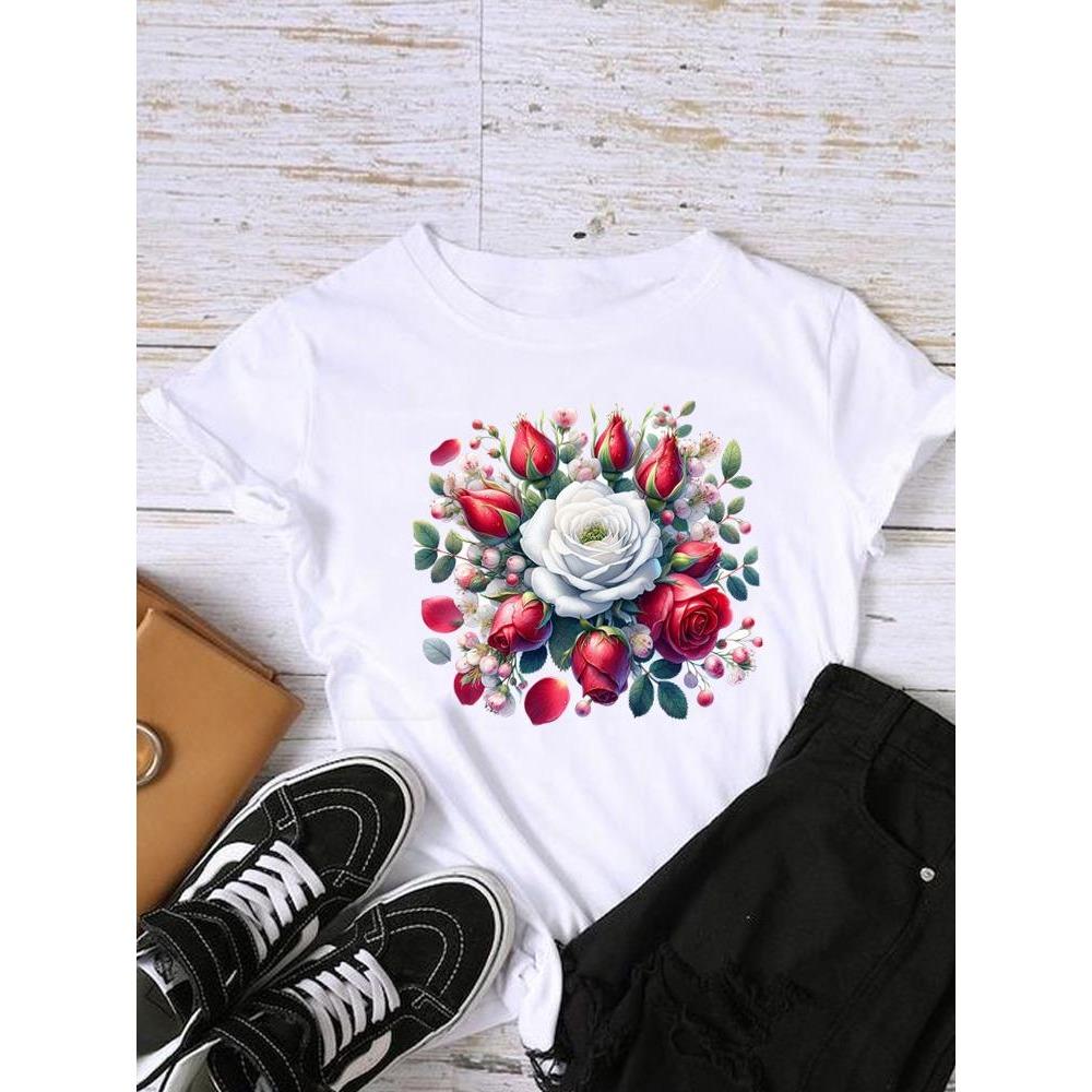 Style Flower Trend Clothing Graphic T-shirts Lady Short Sleeve T Shirt Women Print Female Fashion Clothes Casual Tee