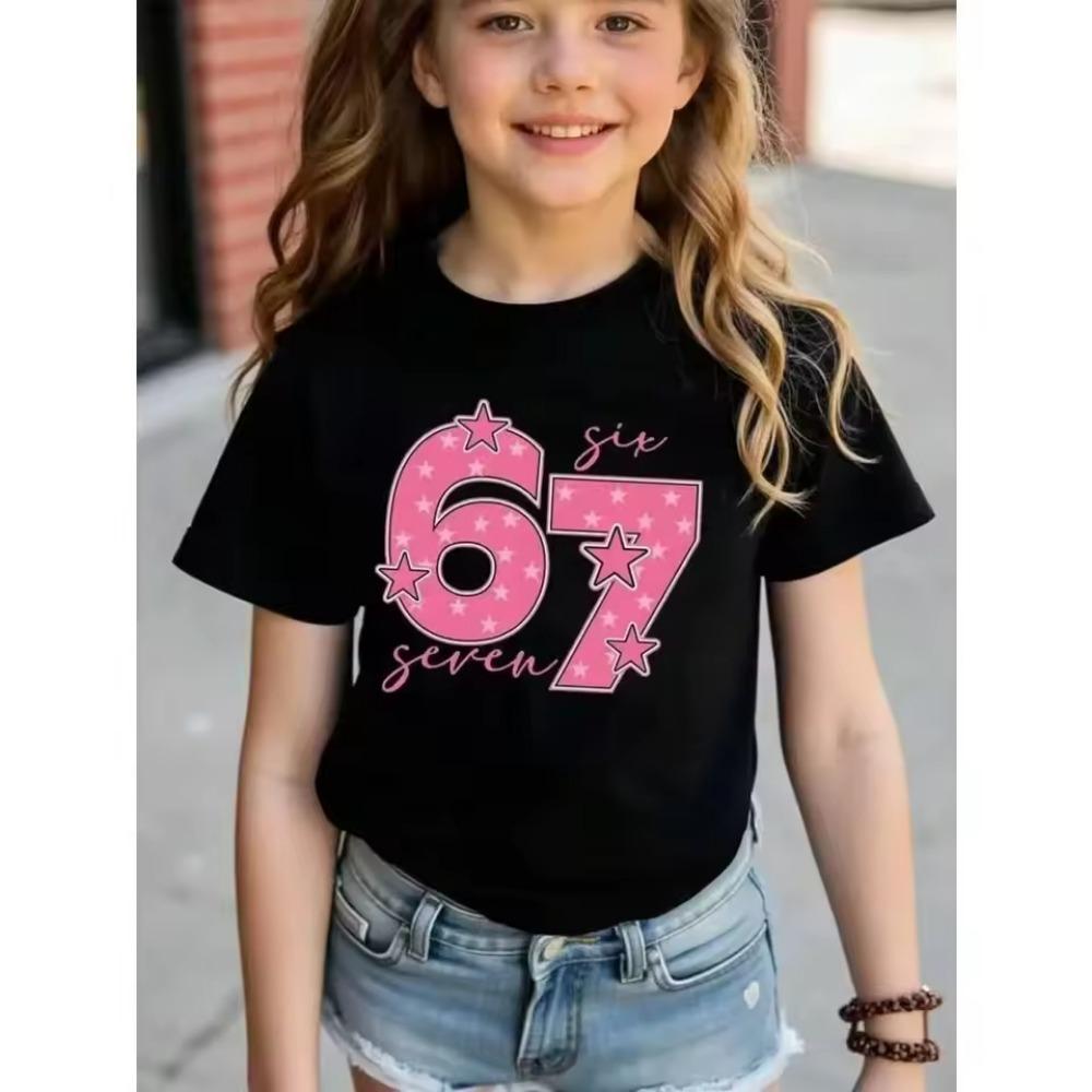 Short-sleeved T-shirt Fashion Summer Girl Kids Comfortable Round Neck T-shirt Cute Children's Birthday Gift Pink