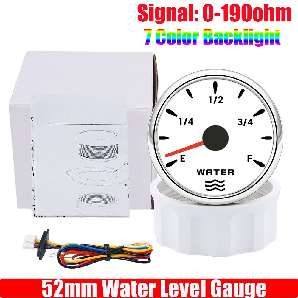

304 Stainless Steel Water Level Sensor+52mm Water Level Gauge 0-190 OHM Water Tank Meter 7 Color Light Waterproof for Car only Gauge