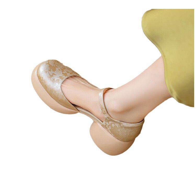 Thick-soled Bag Head Sandals Women's Leather Muffin One-word Buckle Shoes New Summer High-heeled Hollow Mary Jane Shoes