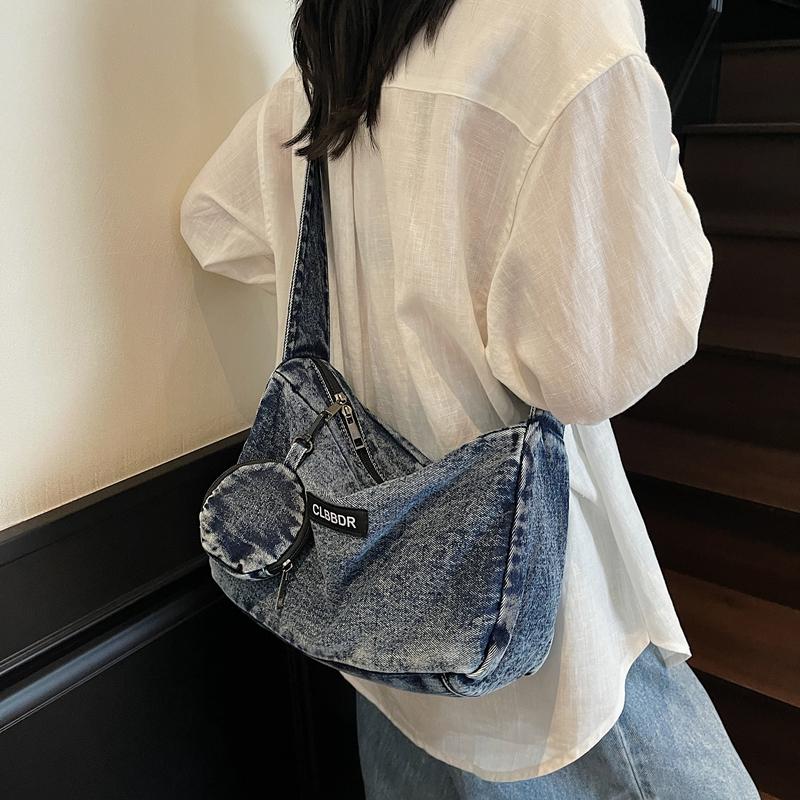 Solid Color Crossbody Bag Underarm Bag Women Denim Bag Commuter Shoulder Bag