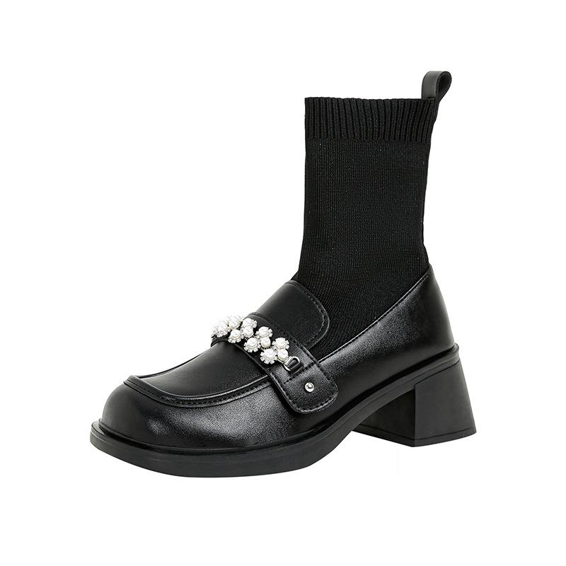 Stiefel mit grobem Absatz, kurze Stiefel für Damen, neue Einzelstiefel für Frühling und Herbst, elastische Sockenstiefel, gestrickte Slipper, Plateau, Übergröße, Martin-Stiefel